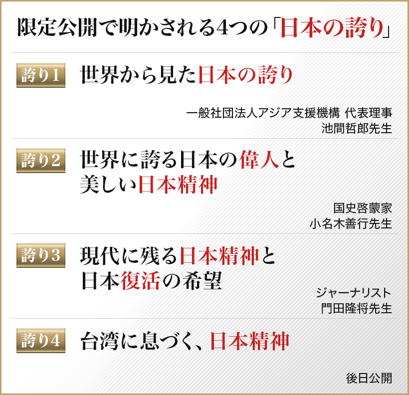 限定公開動画で明かされる4つの「日本の誇り」誇り①：世界から見た日本の誇り　一般社団法人アジア支援機構　代表理事
　池間哲郎先生　誇り②：世界に誇る日本の偉人と美しい日本精神　国史啓蒙家　小名木善行先生　誇り③：現代に残る日本精神と日本復活の希望　ジャーナリスト　門田隆将先生　誇り④：台湾に息づく、日本精神